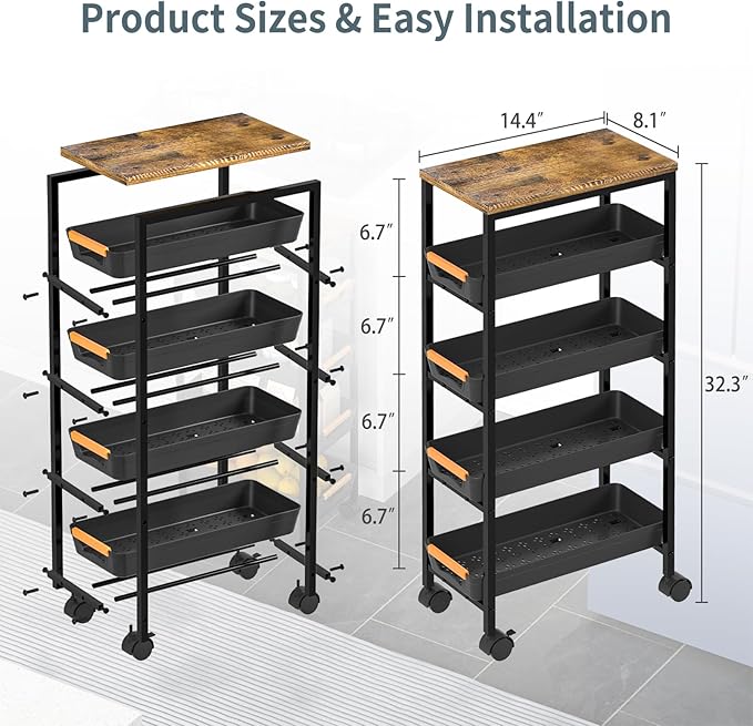 5 Tier Slim Rolling Utility Cart with Drawers Pull-Out Design Slim Storage Cart with Metal Frame and Wooden Top for Narrow Space in Home Kitchen Bathroom Black (Width 8.1 Inches)