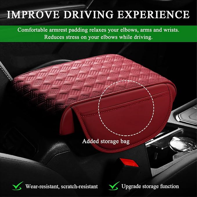 Car Armrest Cushion, 12.6"×8.7" Waterproof Leather Center Console Cover with Pocket, Auto Comfortable Memory Foam Middle Console Elbow Pillow Cushion Pad, Car Accessories (Red)