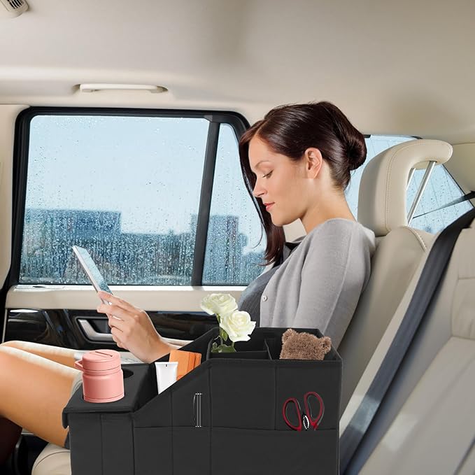 Car Seat Storage Organizer, Car Essentials Back Seats Organizer Between Seats Passenger seat with Cup Holder for Travel Baby Toys Diaper Caddy Bag(black)