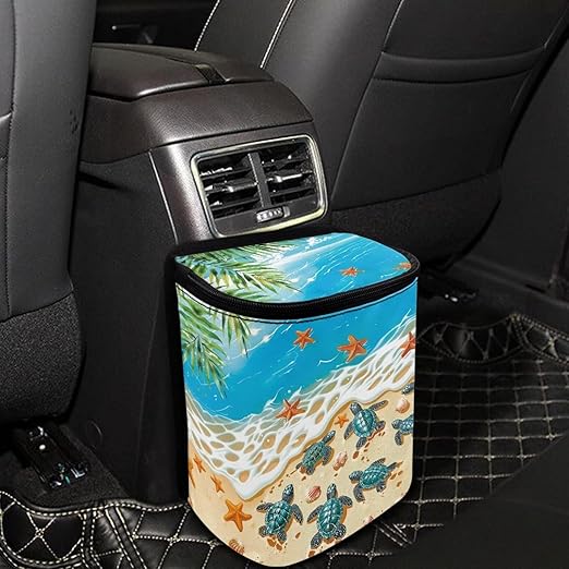 Beach Sea Turtle Car Trash Can with Lid Car Garage Bag Automotive Garbage Can Reusable Auto Accessories Interior Car Organizer with Adjustable Straps