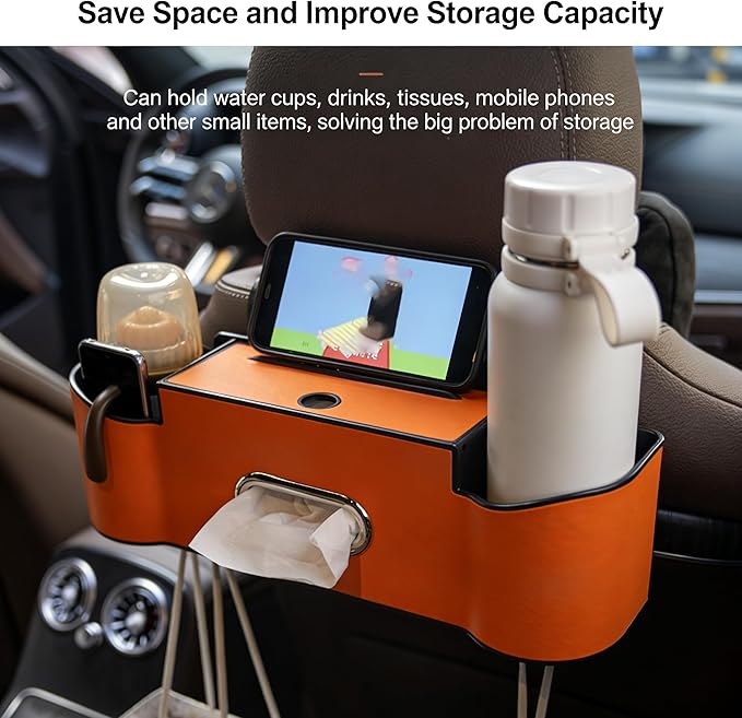 5-in-1 Car Backseat Organizer, 2026 Multifunctional Seat Back Storage Box with Cup Holder, Tissue Box, Phone Holder and 2 Hooks, Premium Leather Car Organizer for Tidy Car (Mocha Brown-1Pc)
