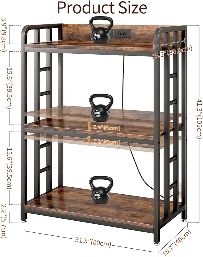 Bakers Rack with Power Outlet,Adjustable Microwave Stand with Storage,3-Tier Kitchen Shelves,Microwave cart Suitable for Kitchen,Dinning Room,Coffee Bar,Living Room,Rustic Brown