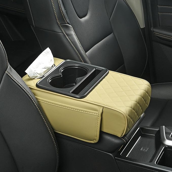 Car Armrest Box Mat, 5-in-1 Center Console Cover Cushion with Cup Holder Tissue Slot, Universal PU Leather Car Box Pad for Sedans Car Accessories Interior Organizers (Multi F06)
