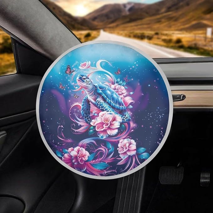 Sea Turtle Steering Wheel Sun Cover 17 Inch Boho Floral Car Rudder Shade Cover for Women Reflective Steering Wheel Cover Sun Block Gift for Friends