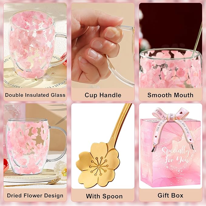 Gifts for Women Dried Flowers Double Wall Glass Coffee Mugs Cute Glass Tea Cups with Handles Autumn Mug Christmas Birthday Gifts for Best Friend Teacher Mum Gift New Home Gift Ideas Home Decor