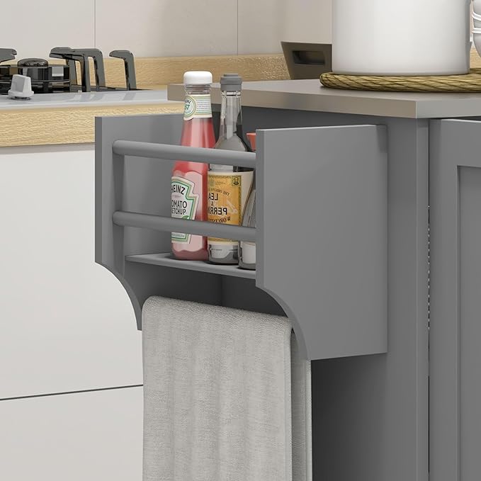 HOMCOM Kitchen Island Cart with Storage, Rolling Kitchen Island on Wheels with Drawer, 3 Cabinets, Stainless Steel Countertop, Spice Rack and Towel Rack, Gray