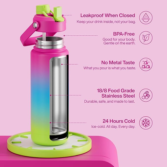 ENCOOL Insulated Water Bottle with Straw Stainless Steel Water Bottle, Leak-Proof, BPA-Free, Double Wall Vacuum Keeps Cold for 24 Hours for Sports, Travel, School (32 oz, Lime Sorbet)