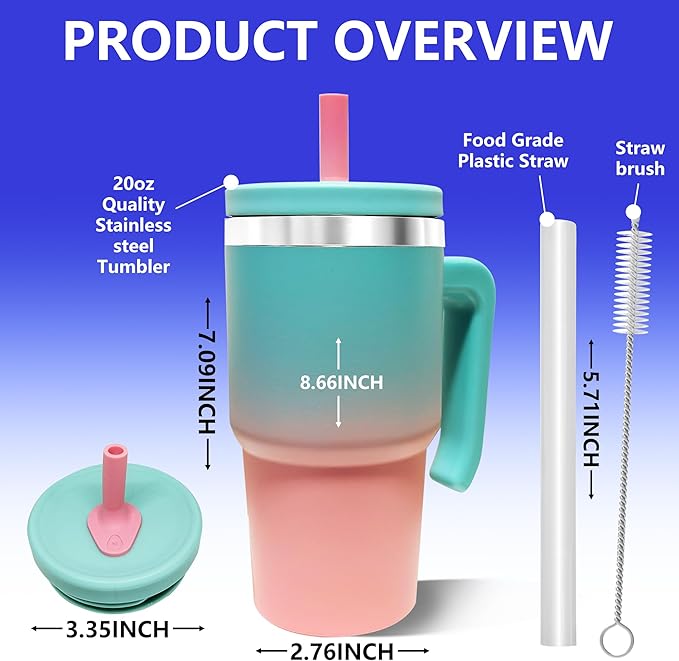 20-OZ Insulated Water Bottle,Insulated Stainless Steel Tumbler,Reusable Cold Drink Thermos,BPA-Free, Double-Wall Stainless Steel Water Bottle (Pink Blue Gradient, 20, Fluid Ounces)