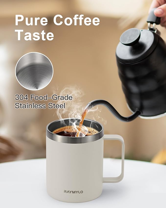 Insulated Coffee Mug 12 oz, Double Wall Stainless Steel Coffee Mug with Lids, Leak-Proof & Detachable Slider Lid for Thorough Clean, Keeps Coffee Cold for 9 Hrs, Suitable for Camp Home Office