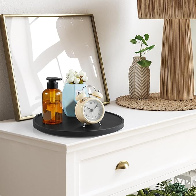 12 Inch Wood Round Tray, Wooden Decorative Serving Coffee Table Tray Centerpiece Candle Holder for Black Kitchen Dining Room Home Decor Coffee Table Decor and Accessories