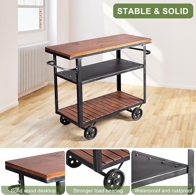 LOKKHAN Rolling Bar Cart with Handle [3 Tier] Home Kitchen Microwave Cart Island On Wheels, Mobile Serving Cart Beverage Cart, Coffee Station (Metal/Wood, Industrial Black/Rustic Brown)