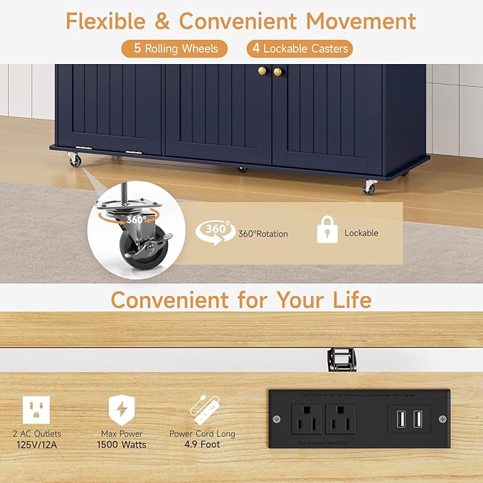 ONBRILL 60" Kitchen Island with Power Outlet & Drop Leaf, Mobile Storage Island with Spice Rack & Towel Rack, 4 Levels, Blue