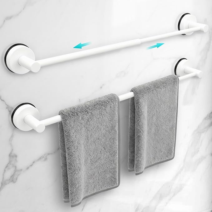 Adjustable Suction Cup Towel Bar for Bathroom Wall,14.6Inch~24 Inch Towel Racks for Bathroom,Stainless Steel Bath Towel Holder for Shower,2 Pack(Matte White)