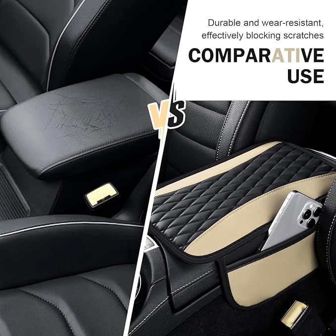 Car Center Console Cover, Upgraded Patchwork Leather Arm Rest Cover with Side Storage Pockets, Comfortable Auto Armrest Protector Cushion, Universal Middle Console Pad for SUV, Sedan (Beige)