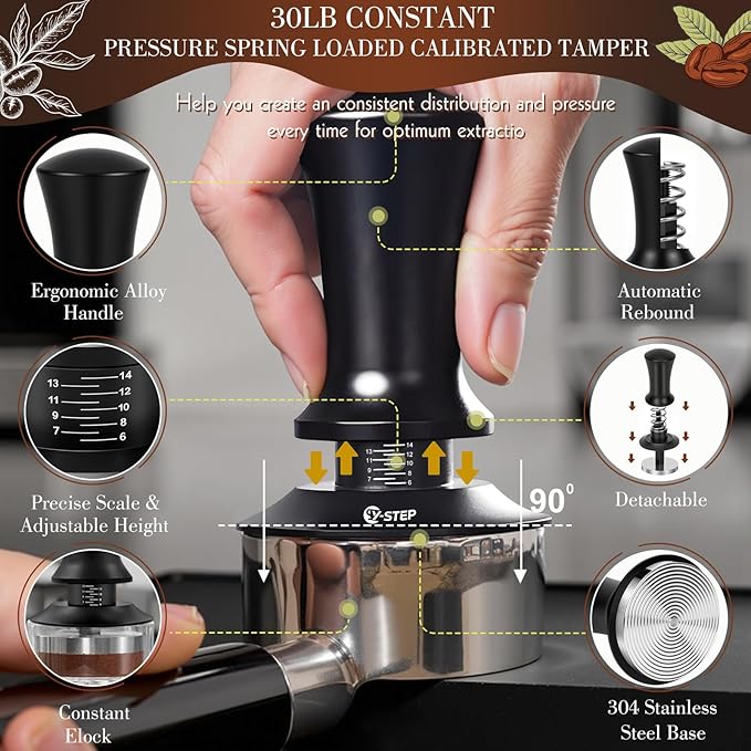 Y-Step 8 Pcs Espresso Accessories Kit, 51mm Espresso Tamper Kit Espresso Tools Barista Kit & Espresso Tamping Station, with 51mm Coffee Tamper, Distributor, WDT Tool, Dosing Funnel, Puck Screen, Brush