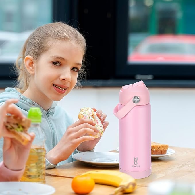 18oz Kids Insulated Water Bottle with Straw Lid & Silicone Handle,Kids Leak Proof Water Bottle for School Boys Girls,Double Wall Vacuum Stainless Steel with Non-slip Silicone Base(LightPink)