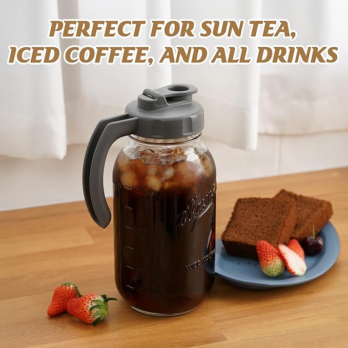 Soligt Glass Mason Jar Pitcher with Lid, Wide Mouth Flip Cap Pour Spout Leak-proof Lid with Handle, 64 oz/2 Quart, for Iced Coffee/Sun Tea Juice/Cold Brew/Milk (2 Pack, Dark Gray + Light Gray)