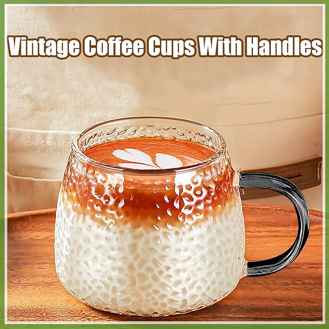 Viovian 15oz Glass Coffee Mugs Set of 6 Vintage Coffee Cups With Handles,Embossed Glass Mug for Hot Cold Beverage Clear Tea Cup for Women Birthday Gifts