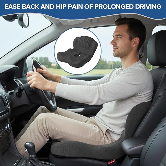 Urban Deco Memory Foam Seat Cushion, Office Chair Seat Cushion with L-Shaped Design, Ergonomic Back and Seat Pad Cushion for Car, Driving, Office, Black