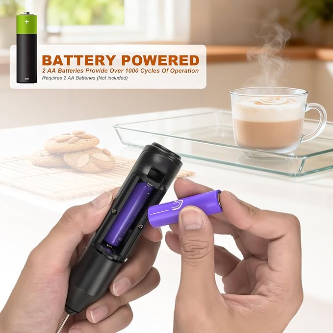 Handheld Milk Frother, Battery Operated Electric Foam Maker, Milk Frother Wand Drink Mixer with Stainless Steel Whisk for Coffee, Matcha, Lattes, Cappuccino (Black with cover)