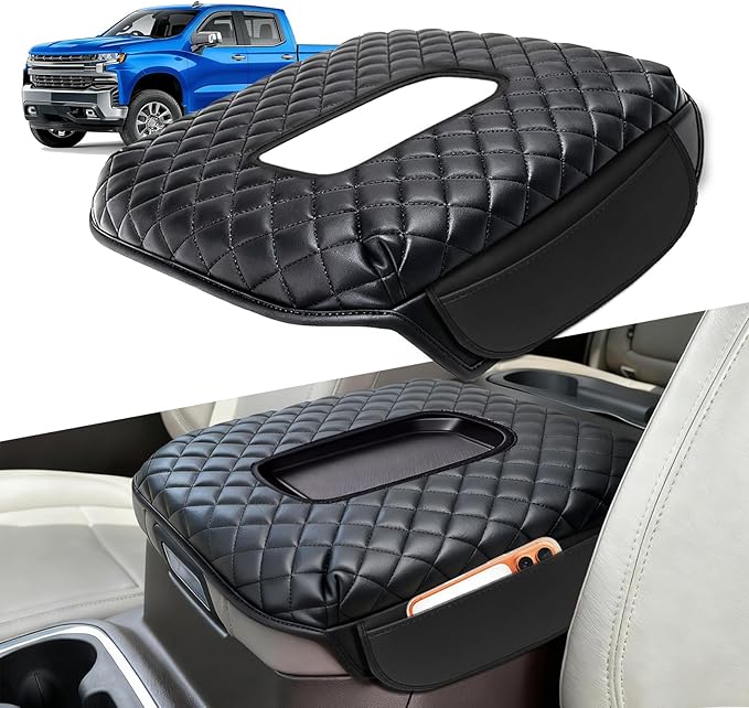 Center Console Cover Fit with Silverado Sierra 2019-2025, Leather Arm Rest Armrest Cover for Car, Middle Console Cover Lid, Car Arm Rest Covers Cushion Pad, Car Black Accessories