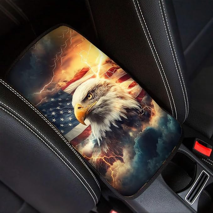 Mintutlipy Eagle USA Flag Print Car Armrest Cover Soft Cushion Automotive Center Console Pad Cover Soft Comfort Fabric Easy to Install