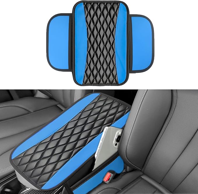 Leather Car Center Console Cover with Side Storage Pockets, Universal Leather Waterproof Armrest Pad Protector & Organizer for Cars, Vehicles, SUVs Interior Decor Stylish Car Decoration(Blue)