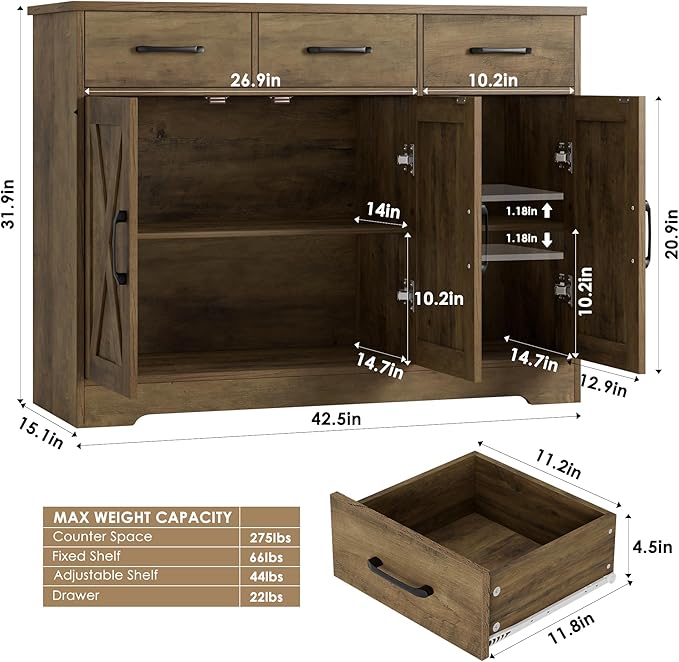 HOSTACK Modern Farmhouse Buffet Sideboard Cabinet, Barn Doors Storage Cabinet with Drawers and Shelves, Wood Coffee Bar Station for Dining Room, Kitchen, Living Room, Rustic Brown
