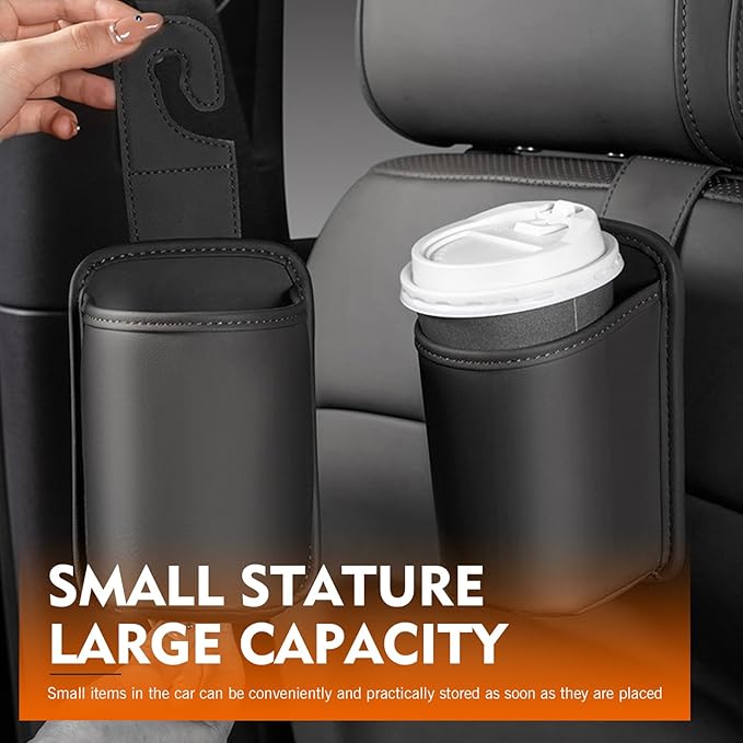 2PCS Car Headrest Cup Holder for Back Seat, PU Leather Premium Storage Accessory, Multi-Functional Anti-Spill Cup Storage Box with Hooks for Bags, Universal for Most Cars (Black)