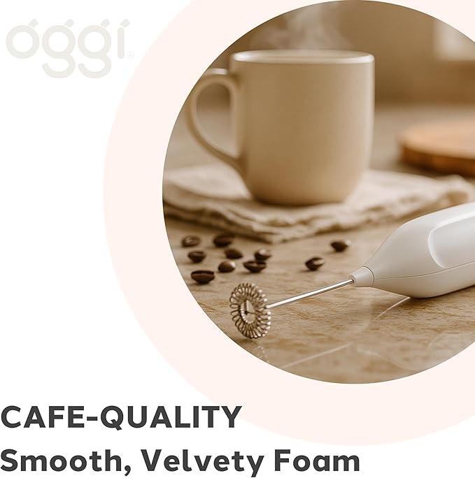 Oggi Handheld Milk Frother, Electric Frother Wand with Stainless Steel Whisk, Mini Whisk for Coffee, Matcha, Latte, Protein, Eggs & More, Battery Operated Compact Frother for Kitchen or Travel, White