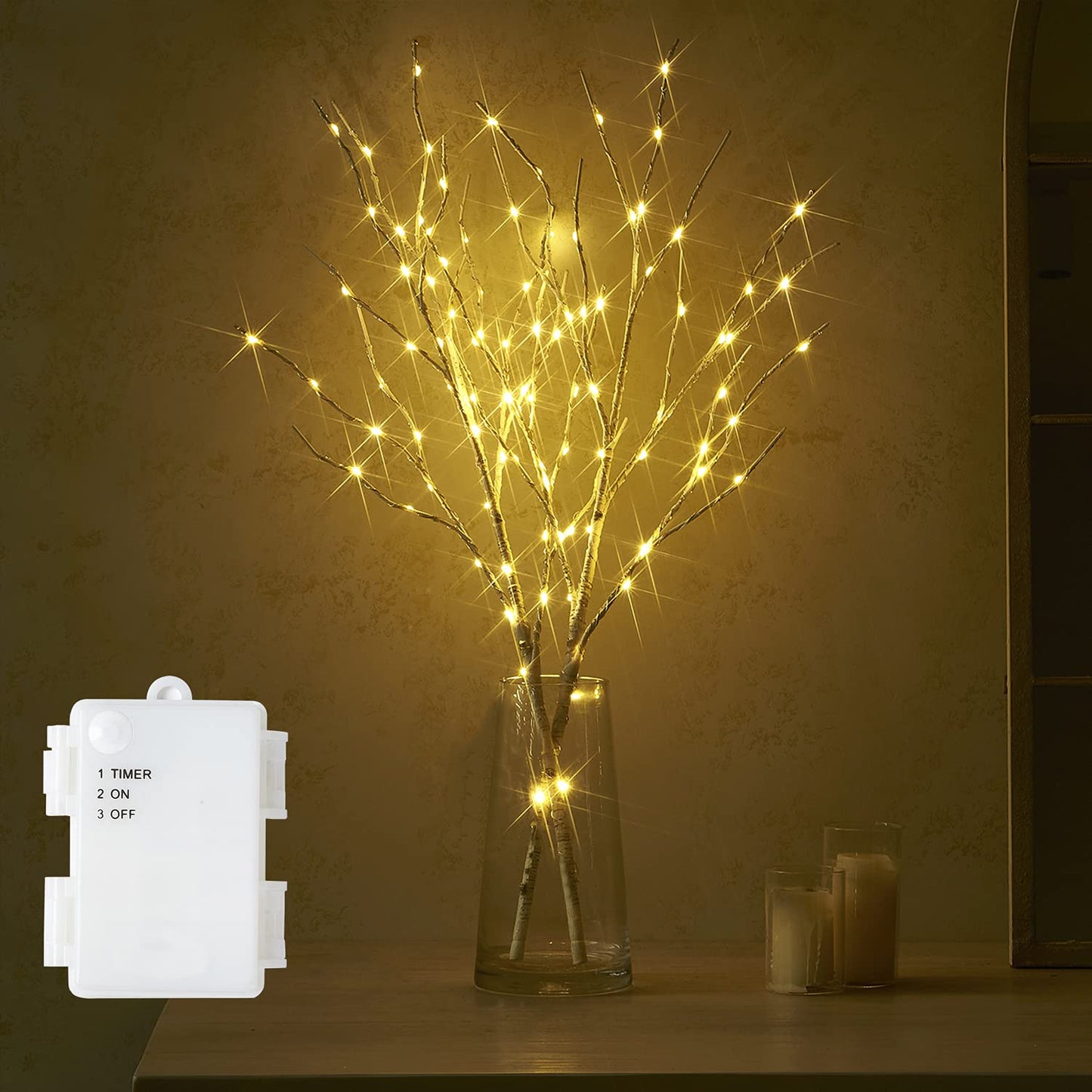 Fudios Lighted Branches 30IN Tall Birch Twig Lights, 100 LED, White, 2 Sets, Battery Operated for Indoor/Outdoor Holiday Decor