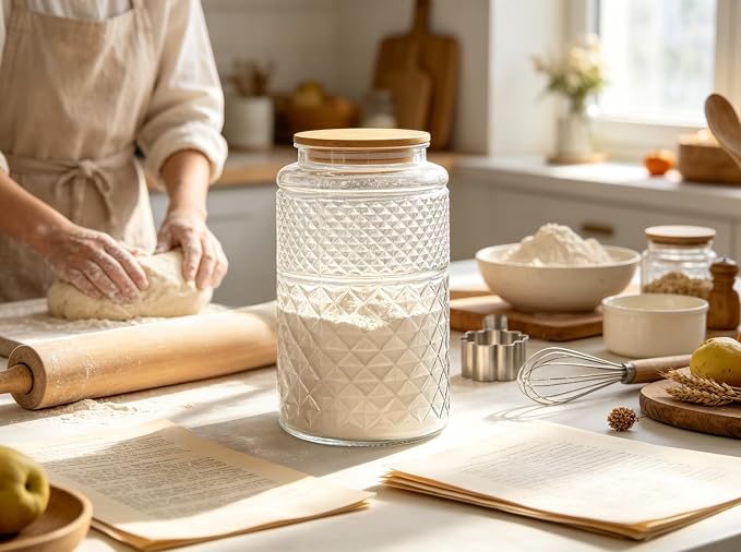 1 Gallon Large Airtight Glass Storage Jars with Bamboo Lid, Kitchen Pantry & Bathroom Laundry Room Organizer Canisters for Flour, Sugar, Cookie, Pasta, Rice, Snack, Coffee Bean, Tea, Spice, Cereal