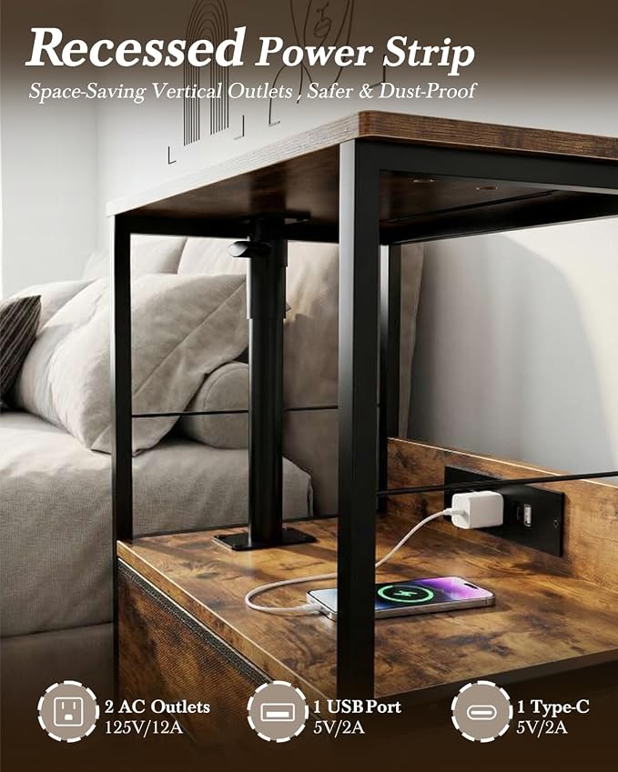 Faesun Swivel Lift Top Nightstand with Charging Station, Rolling Side Table for Recliner, Bedside Table with Wheels & 2 Fabric Drawers, for Small Spaces, for Bedroom, Living Room, Brown