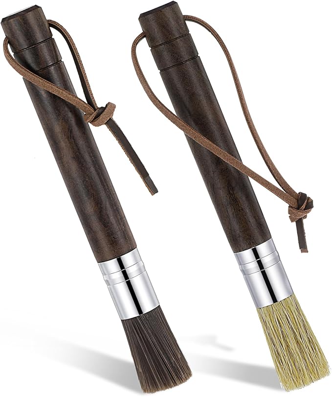 2 PCS Coffee Grinder Cleaning Brush with Natural Wood Walnut Handle and Natural Boar Bristle Espresso Machine Cleaner Tool Barista Brush with Hanging Loop Accessories for Coffee Bar Home
