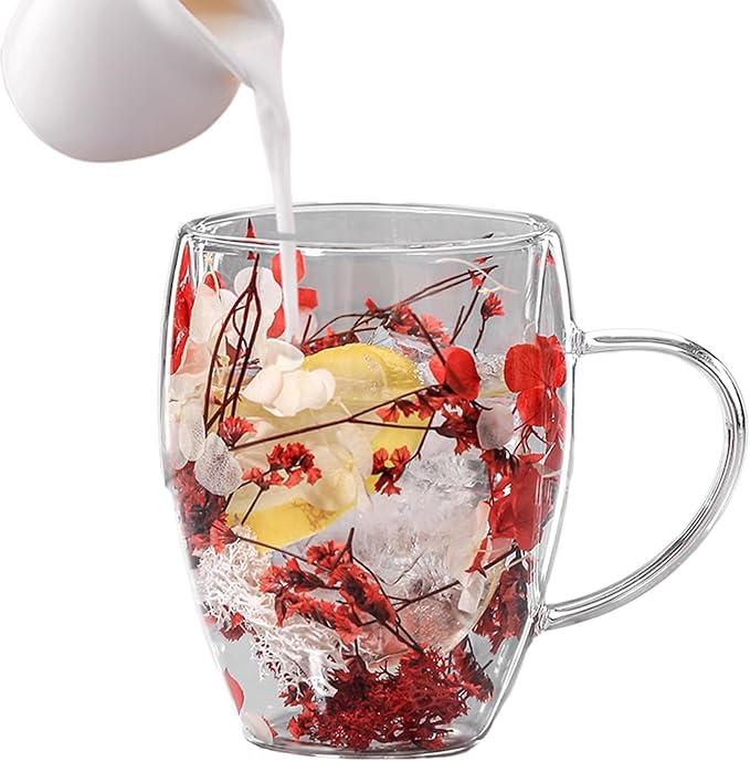 Flower Glass Double Wall Glass - 350ml Aesthetic Dried Flowers Double Wall Glass Coffee Mugs | Clear Glass Cups With Handle,Anti-Scalding Coffee Cups For Hot Beverages,Tea Or Coffee