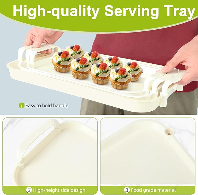 3 Pack Serving Tray with Handles, Stackable Reusable Trays for Serving Food, Plastic Serving Platters for Party, Charcuterie, Fruit, Appetizer, Solid Cream