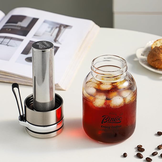 Bincoo Tea Infuser Bottle Glass Cold Brew Coffee Maker with Extended Long Filter – Premium, Durable, Easy-to-Clean Glass Bottle Stainless Steel Filter for Smooth Coffee & Tea (17oz / 500ml)