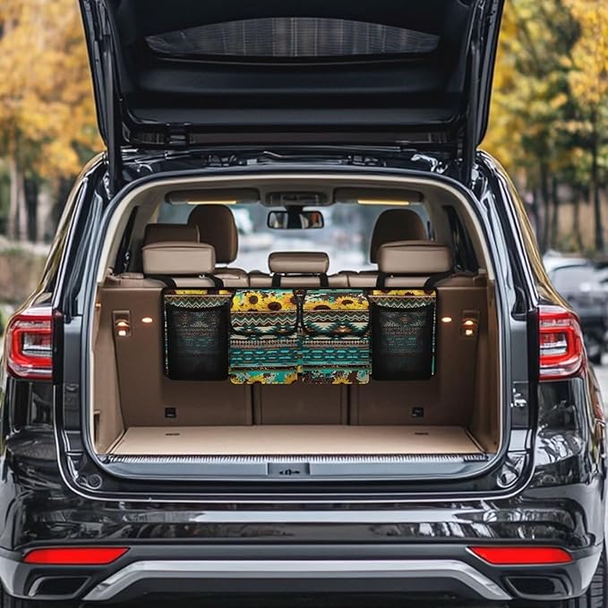 Boho Car Trunk Organizer and Storage, Sunflower Car Accessories for Women Large Capacity Space-Saving Back Seat Car Organizer for SUV/MPV/Truck/Sedan, It Easy to Find Things