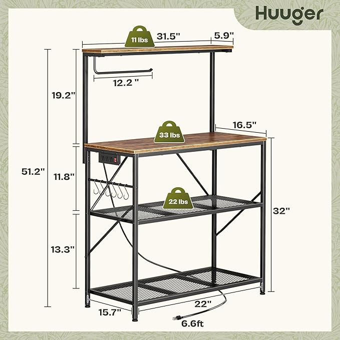 Huuger 4-Tier Bakers Rack with Reversible Power Outlet, 31.5 Inch Microwave Stand, Kitchen Coffee Bar, with Top Shelf, 6 S Hooks, Rustic Brown