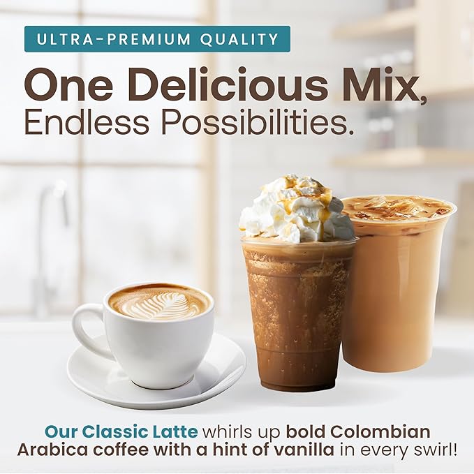 Dr. Smoothie Café Essentials Classic Latte – No Artificial Colors, Flavors, Sweeteners – Shelf Stable – 155mg of Caffeine per Serving – Great for Hot, Iced, & Frozen Frappes (3.5 lb Bag, 26 Servings)