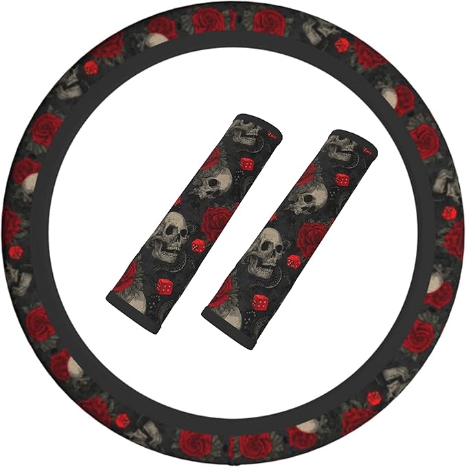 Halloween Skull Steering Wheel Cover Elastic Non-Slip Car Steering Wheel Covers with Seat Belt Shoulder Pad for Women Men