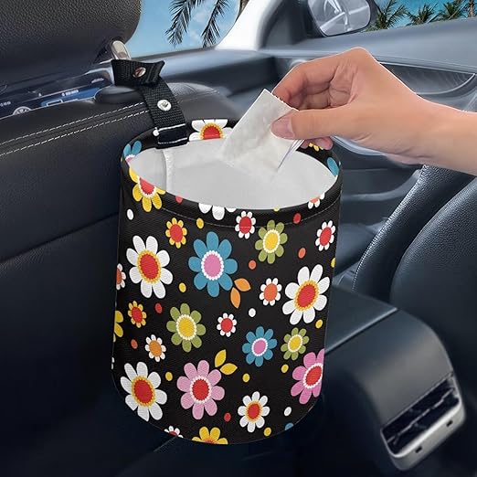 Colorful Hippie Flowers Car Trash Can Collapsible Car Waste Basket Container Waterproof Auto Storage Box Travel Accessories