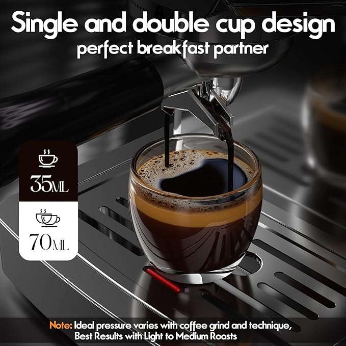20-Bar Espresso Machine for Home Barista, Built-In Steam Wand for Latte & Cappuccino, Stainless Steel Professional Coffee Machine with Visible Pressure Guagem, Powder Press and Milk Frothing Pitcher