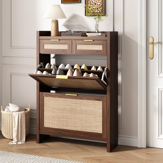 HOKYHOKY Rattan Shoe Storage Cabinet with 2 Drawers & 2 Flip Drawers – Hidden Slim Shoe Organizer for Entryway, Large Tabletop Space, Farmhouse Boho Narrow Shoe Rack, Walnut