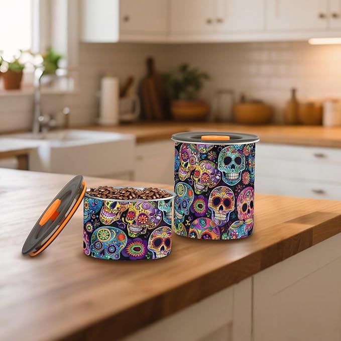 ALAZA Sugar Skulls Day Of Dead Airtight Coffee Bean Canister 900ml Food Storage Containers with Lids For Gournd, Tea, Sugar, Flour, Rice, Cereal, Candy Cookie Jar