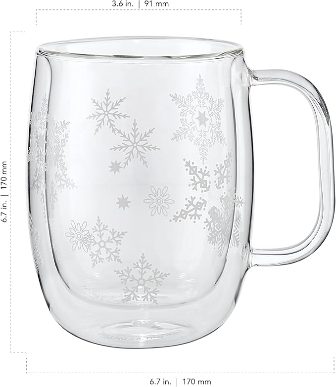 ZWILLING Sorrento Double Wall Glass Snowflake Coffee Mugs, Set of 4, 12oz. Each