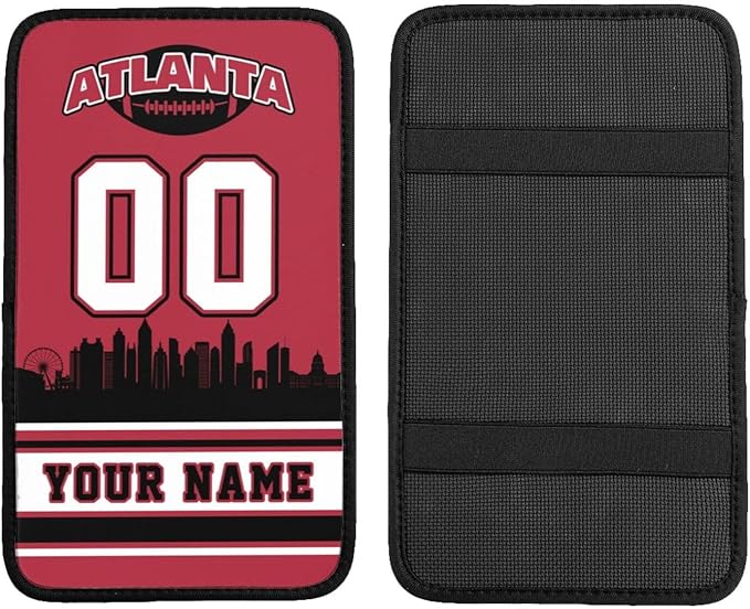 Custom Atlanta Car Armrest Covers Personalized Football Style with Name Number Customized Auto Center Console Pad Car Handrail Box Cushion for Most Vehicle Decor Accessories, Fans Gift