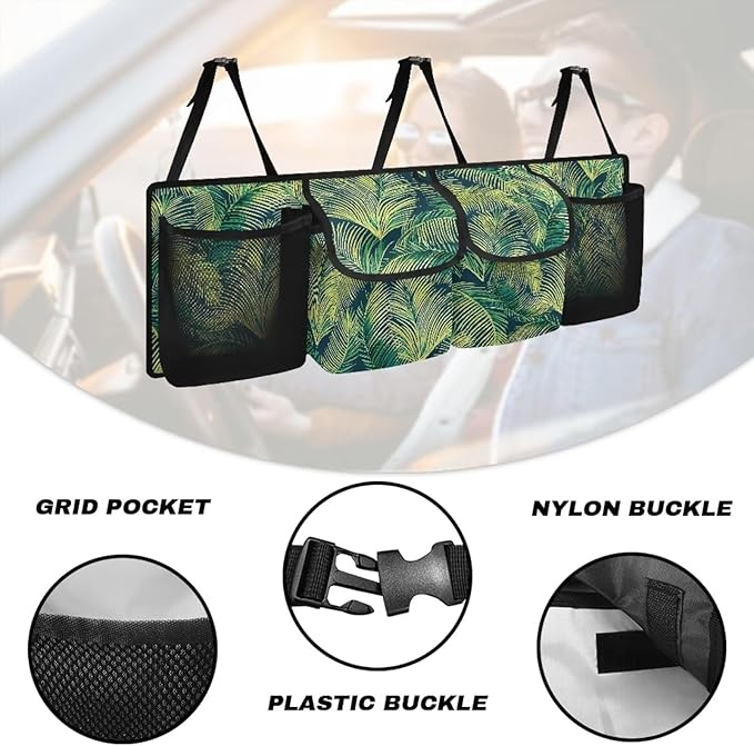 Trunk Organizer for SUV Car Storage Organizer, Oxford Cloth Easy to Install Space-Saving Car Backseat Organizers Tropical Leaf Car Trunk Organizers for Women, Frees Trunk Floor