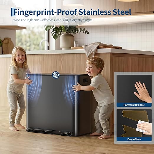 Dual Kitchen Trash Can 13.2 + 5.2 Gal (50+20L) Stainless Steel Trash Cans with Soft Close Lid Large Double Garbage and Recycling Bin with 2 Removable Inner Buckets Step-on Metal Garbage Cans Silver