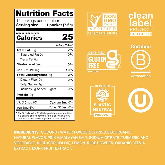 Cure Hydration | Plant-Based Electrolyte Drink Mix | No Added Sugar | Dehydration Relief Powder Made with Coconut Water | Non-GMO | Vegan | Pouch of 14 Packets - Peach Mango